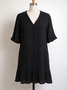 Black Button Front Ruffle Hem Gauze Tunic Dress Women’s Medium